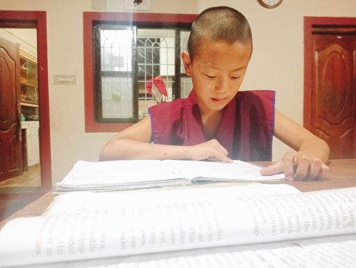 Monje tibetano estudiando libros en una mesa en un ambiente tranquilo.